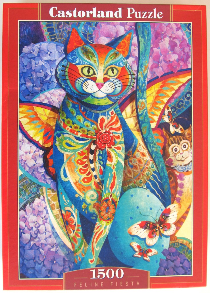 A vibrantly patterned, stylized cat with butterfly wings surrounded by flowers and smaller butterflies.
