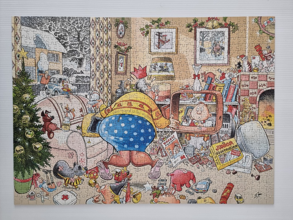 A whimsical Christmas scene with cartoon characters, a Christmas tree, and a cozy room.