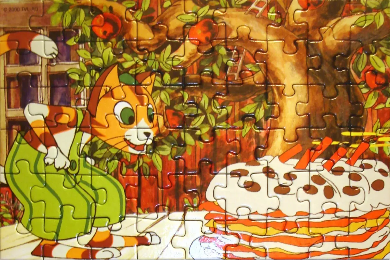 Cartoon cat wearing green overalls looking at a layer cake in an orchard.