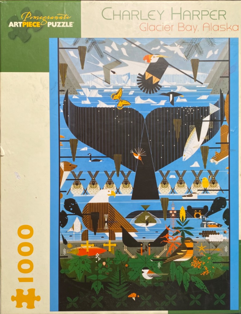 A modernist illustration of Alaskan wildlife featuring a giant whale tail, birds, fish, and greenery in a geometric style.
