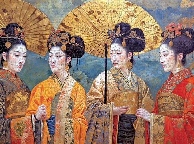Four women in traditional East Asian attire and gold umbrellas against a blue landscape