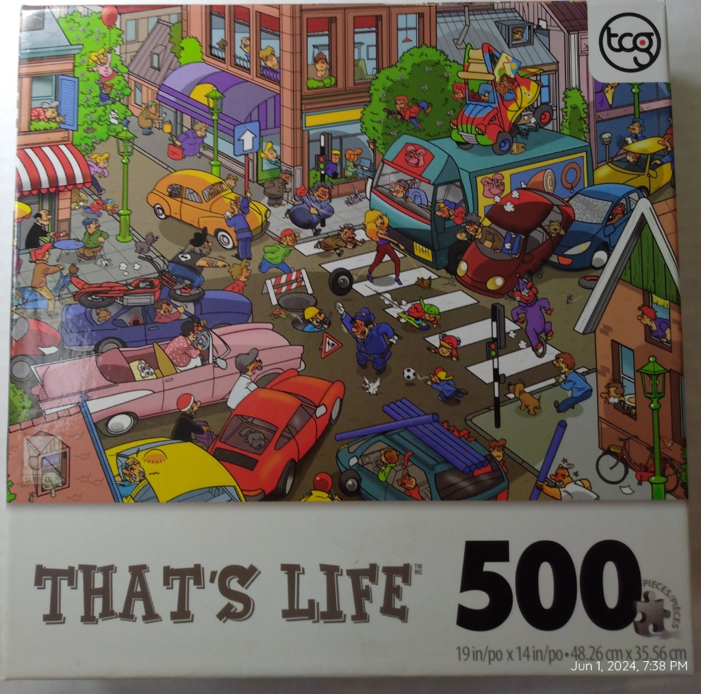 A colorful cartoon illustration of a busy city intersection filled with chaotic traffic and humorous characters.