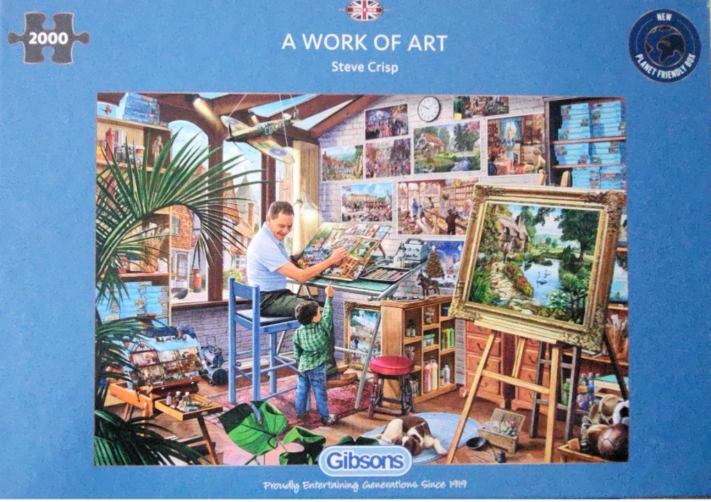 An artist and a child working in a cozy, cluttered art studio surrounded by paintings and models.