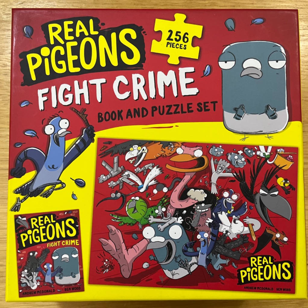 Cartoon illustration featuring a group of comical pigeons in various poses and expressions on a bright red and yellow backgro