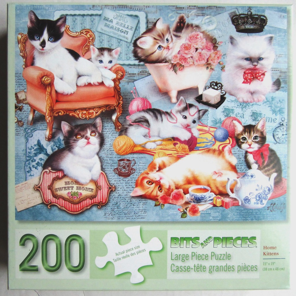A whimsical collage of six playful kittens in a vintage, home-themed setting with soft blue tones and floral accents.