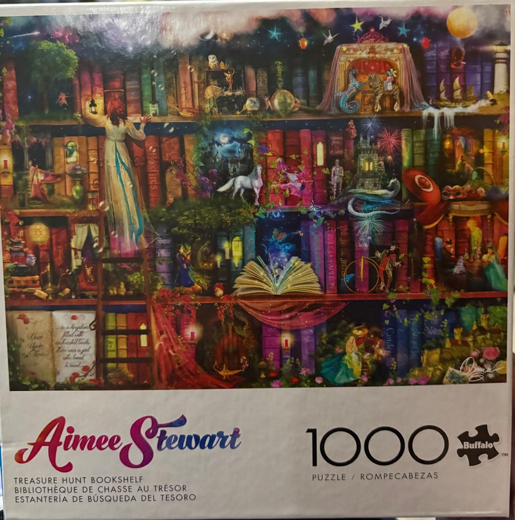 A fantasy bookshelf filled with magical storybook scenes, miniature characters, and glowing fairy lights.