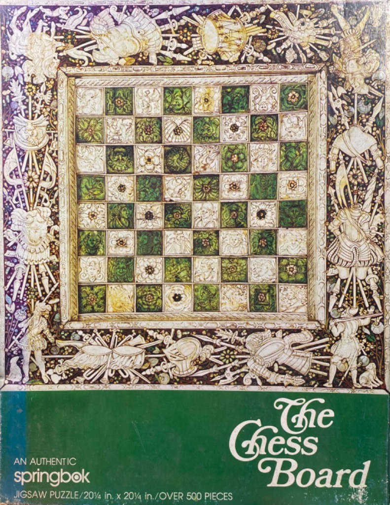 An ornate chessboard surrounded by a complex illustrative border of medieval armor and weaponry.
