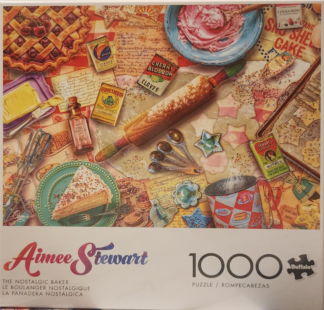 A nostalgic baking scene featuring ingredients, utensils, and finished treats on a vintage-style table.