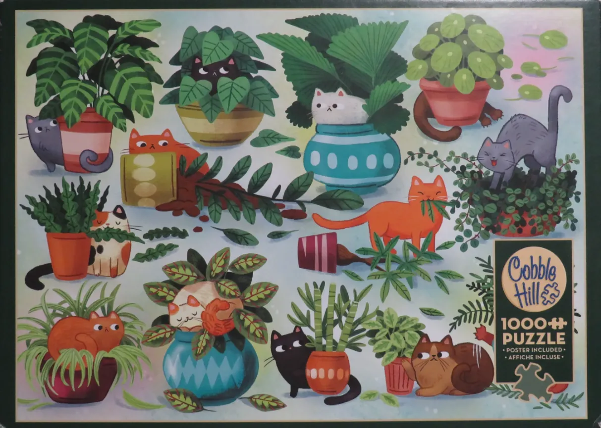 A whimsical illustration of various cats interacting with potted houseplants against a light, soft background.