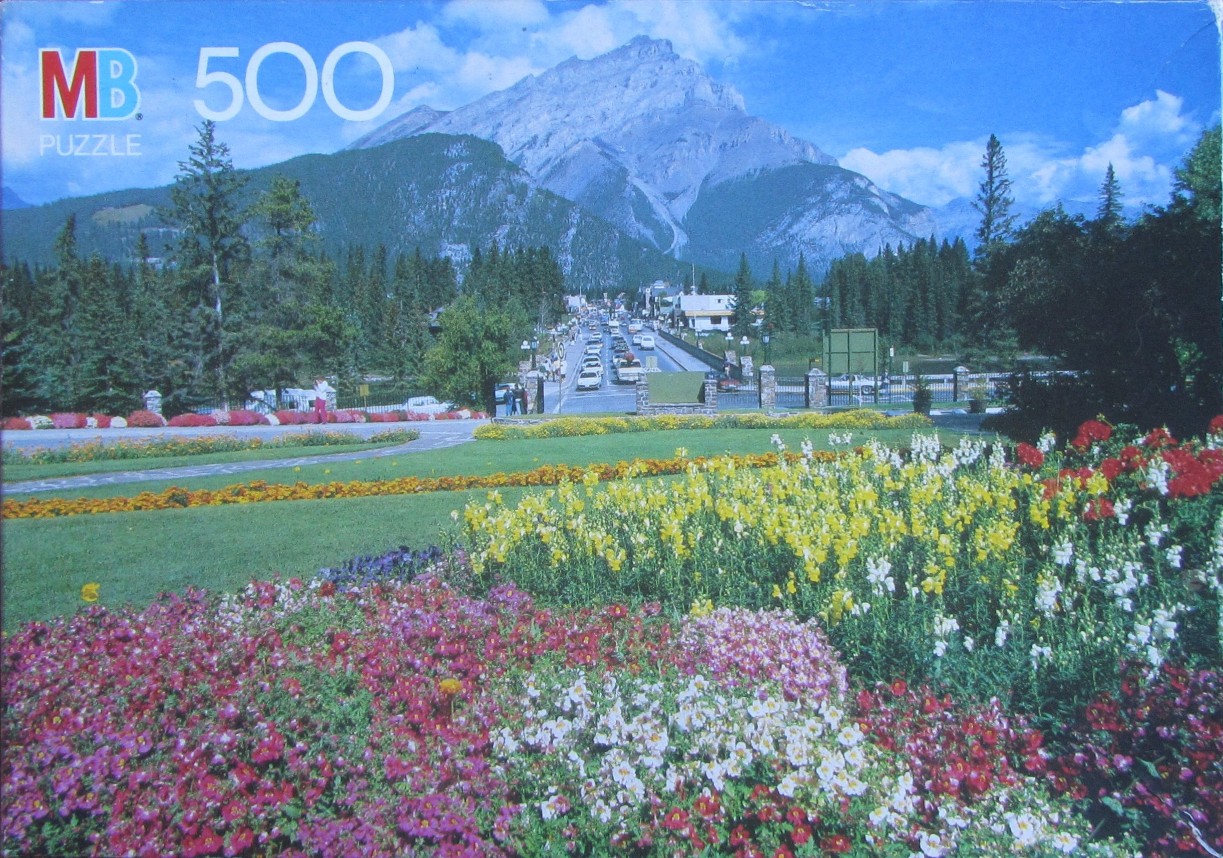 Landscape photography of a vibrant flower garden leading to a town street framed by a large mountain range.