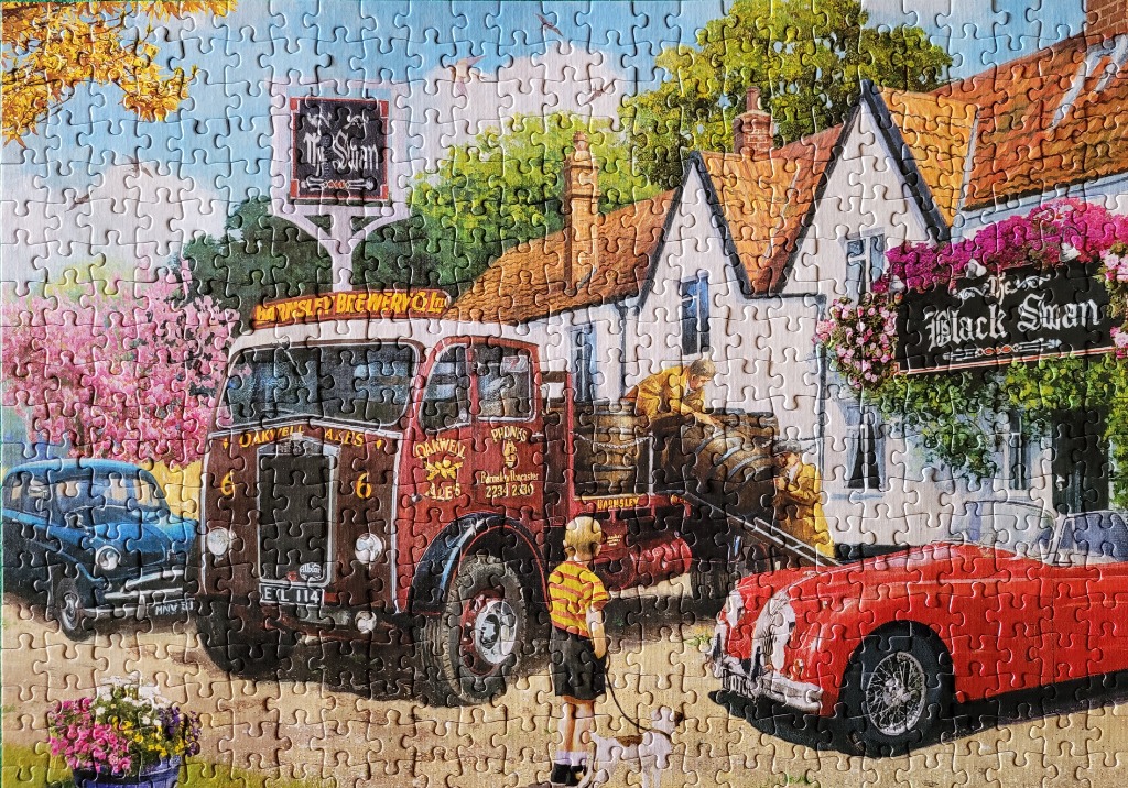 A nostalgic painting of a vintage brewery truck outside a country pub named The Black Swan.