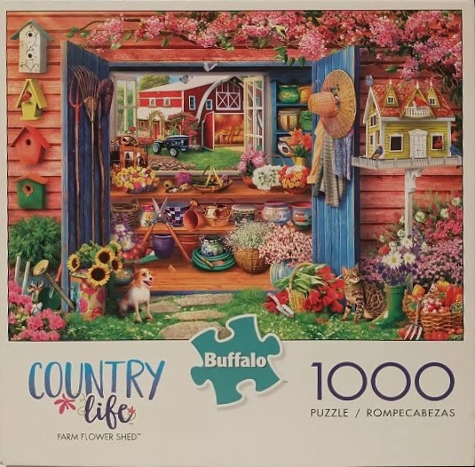 A cozy country garden shed filled with flowers, tools, and pets, opening onto a view of a red farmhouse.