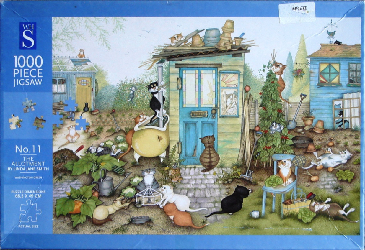 Whimsical illustration of numerous cats exploring and playing in a cluttered, rural allotment garden.