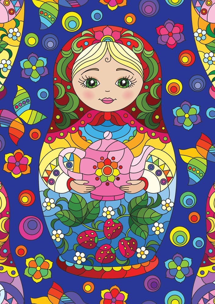 A vibrant, stained-glass style illustration of a Russian nesting doll holding a pink teapot, surrounded by flowers.
