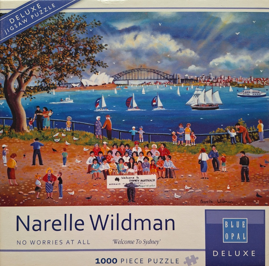 Painting of a crowd in a Sydney park with the harbor, Opera House, and bridge in the background.