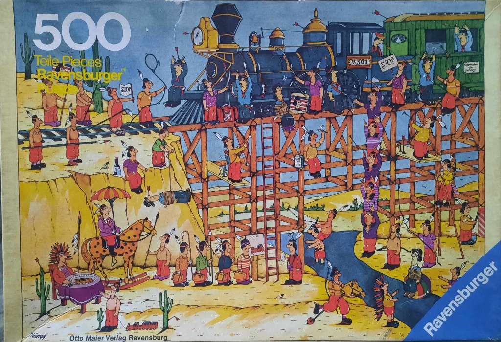 Cartoon illustration of a steam train on a wooden trestle bridge in a desert landscape filled with humorous figures.