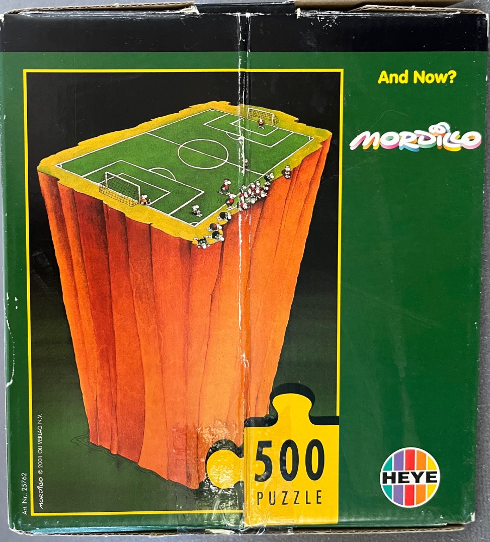 A cartoon soccer field on top of a tall orange cliff against a black background.