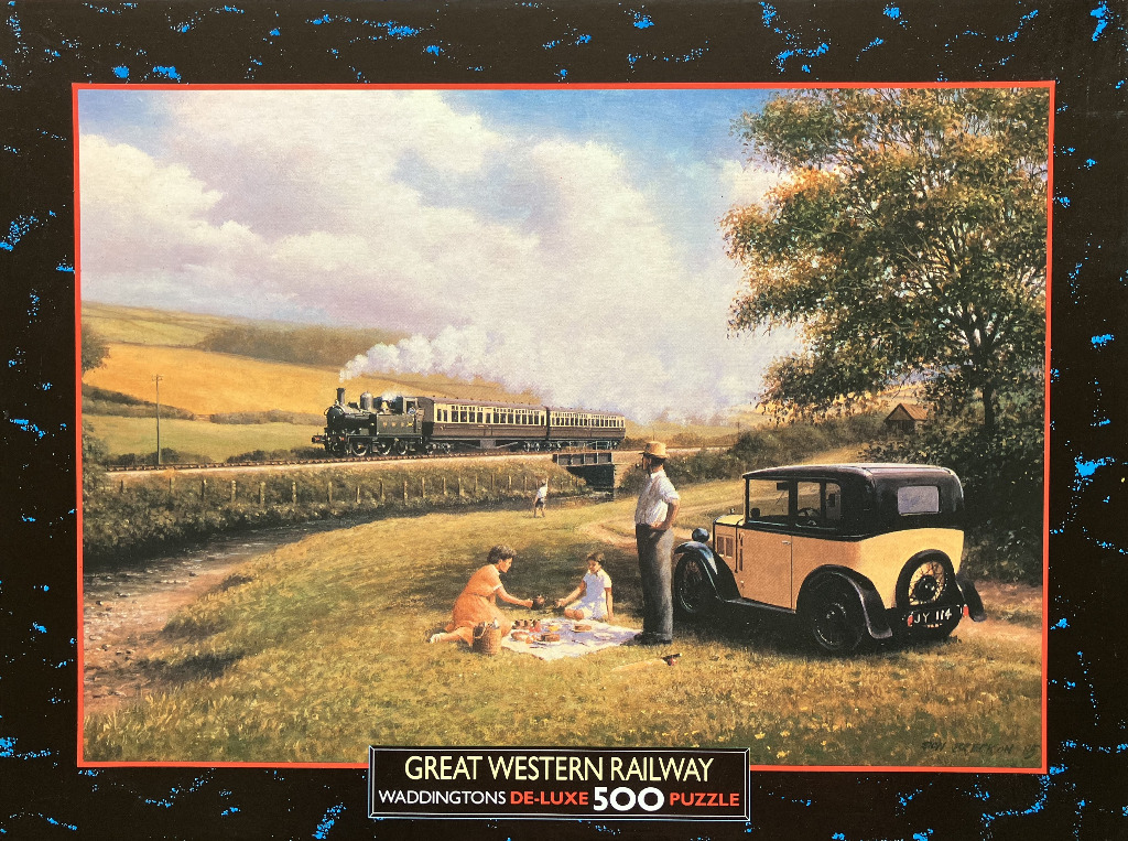 An impressionist-style painting of a family picnicking by a river while a steam train passes in the background.