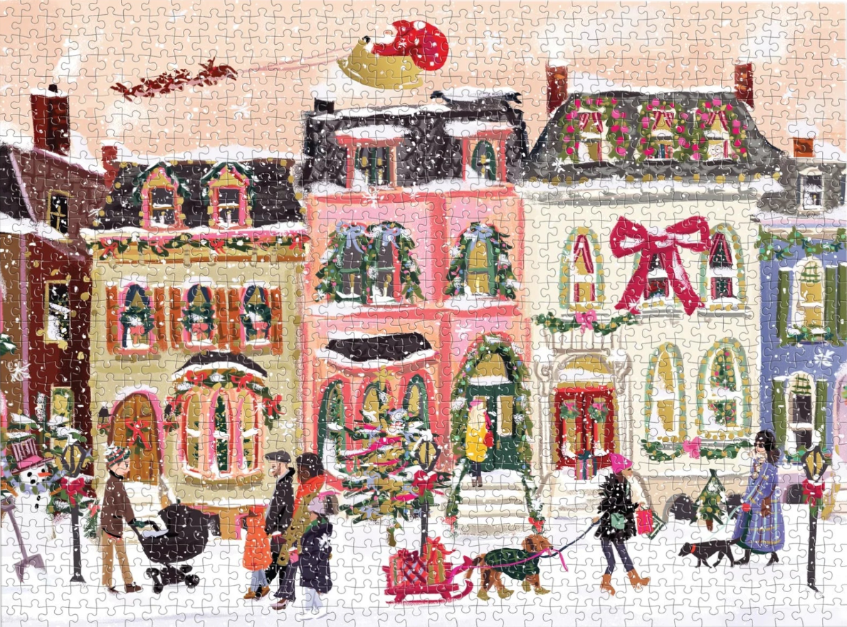 A whimsical illustration of a snowy city street during Christmas with decorated townhouses and people walking.