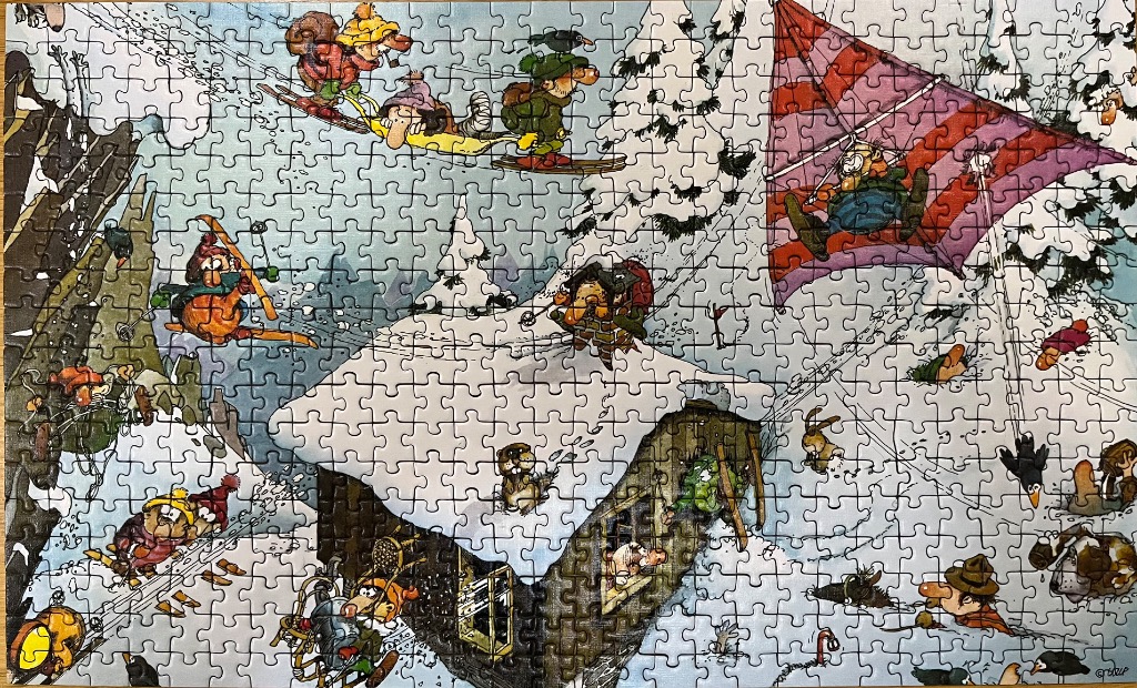 A whimsical cartoon scene of characters enjoying winter activities around a snow-covered mountain cabin.