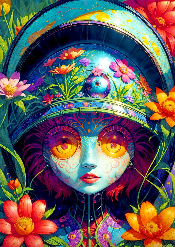 Surreal digital art of a wide-eyed figure wearing a floral, metallic dome helmet surrounded by vibrant blooms.