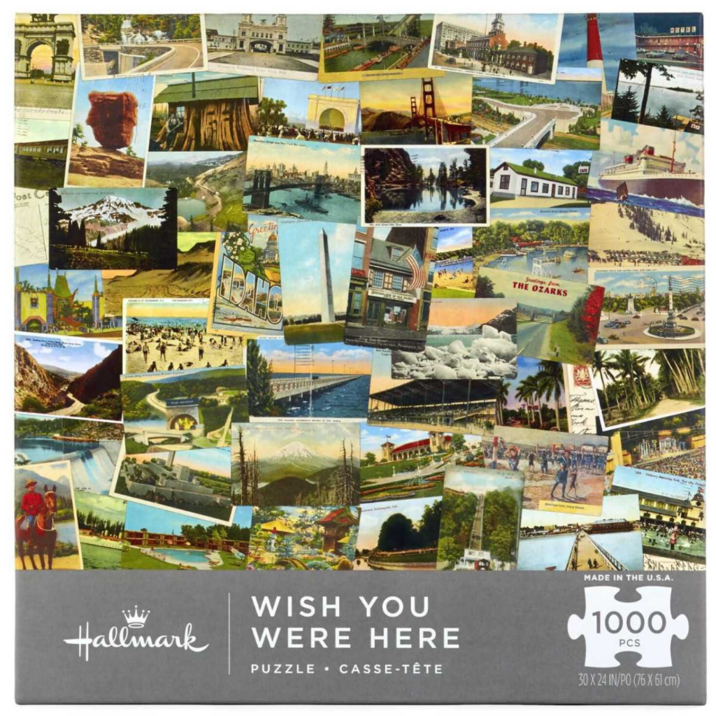 A collage of various vintage-style travel postcards depicting iconic American landmarks and landscapes.