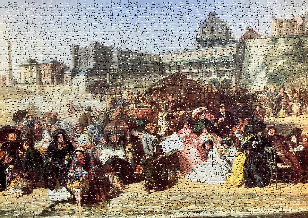 A Victorian era oil painting of a crowded seaside beach scene with people in formal attire.