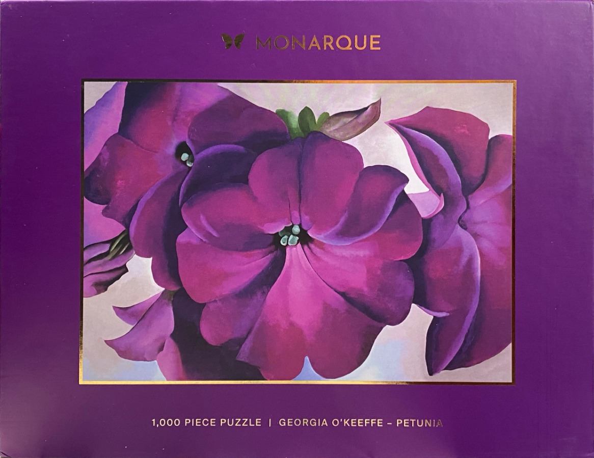 Close-up oil painting of vibrant deep purple petunia flowers by Georgia O'Keeffe.