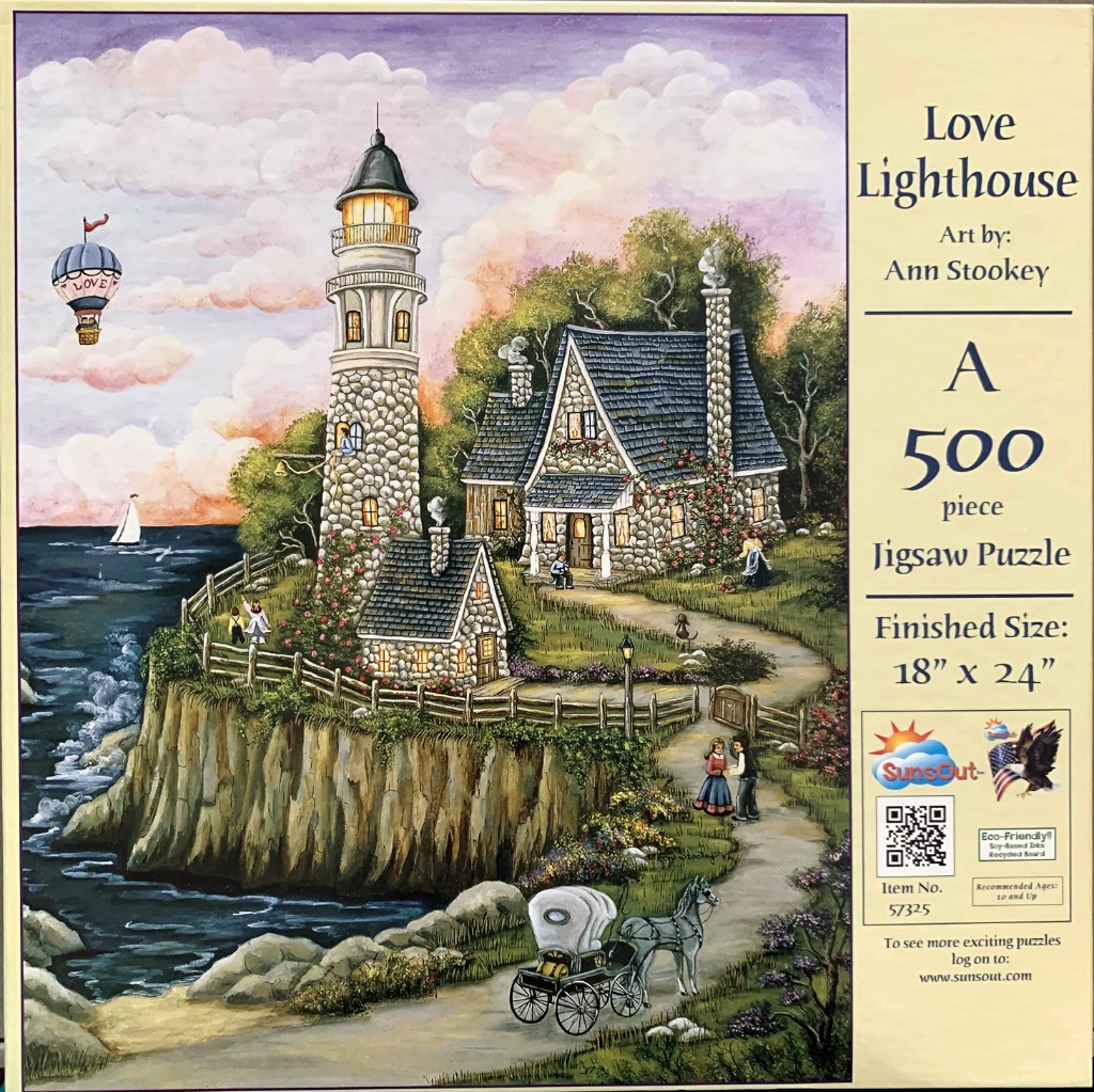 An illustration of a stone lighthouse and cottage on a cliff overlooking the ocean with a horse-drawn carriage nearby.