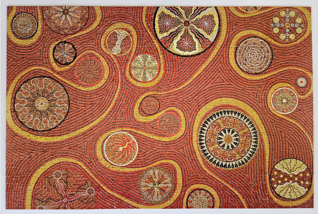A vibrant Indigenous Australian dot-style painting featuring interconnected circular motifs and flowing, rhythmic lines.