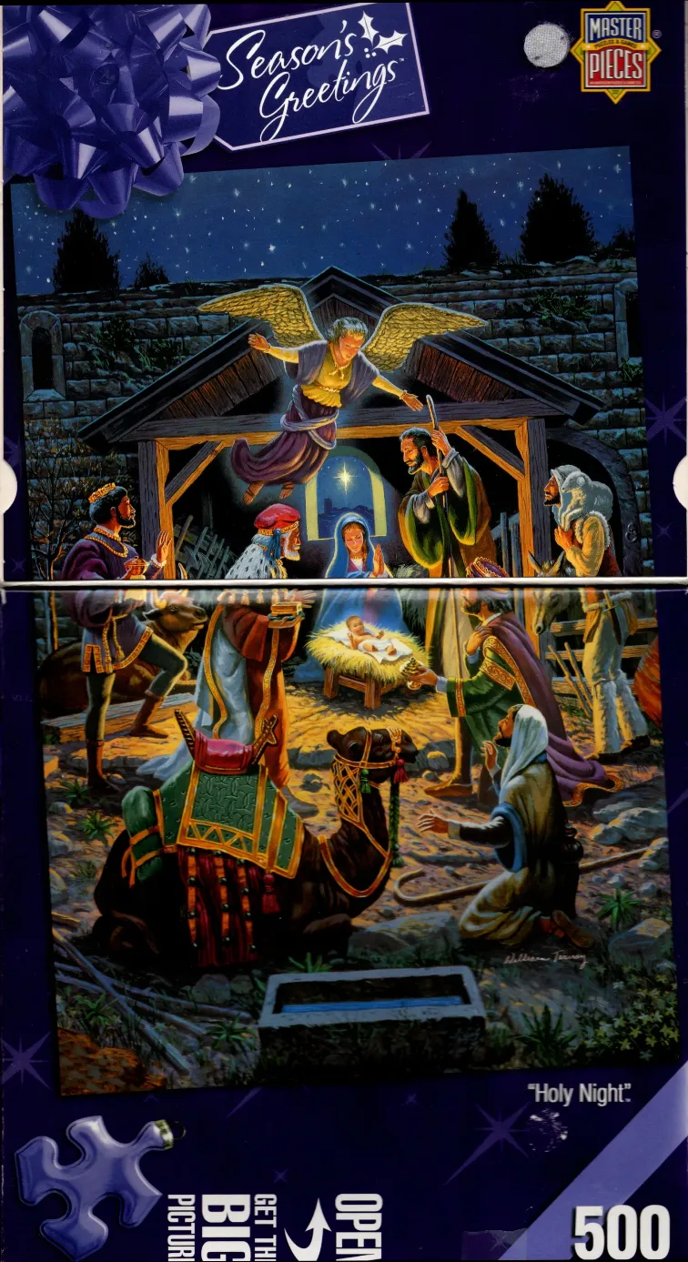 A traditional Nativity scene featuring the Holy Family, angels, and wise men at night under a star-filled sky.