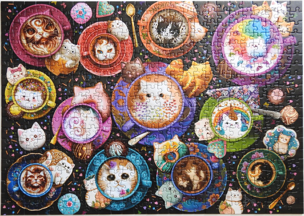 An illustration of many cats depicted as latte art in colorful coffee cups against a dark, sprinkle-filled background.