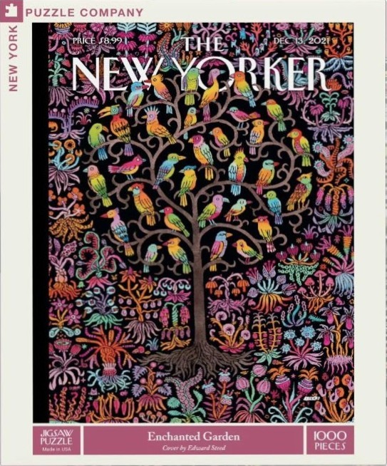 A whimsical illustration of a dark, patterned tree filled with colorful birds amidst a dense, floral garden.