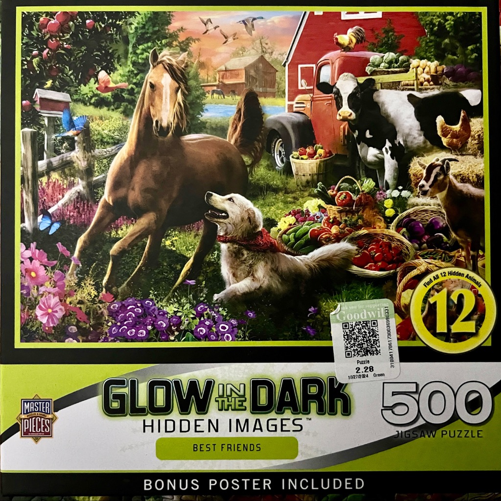 A lively farm scene featuring a horse, dog, cow, goat, and various animals gathered near a red barn.