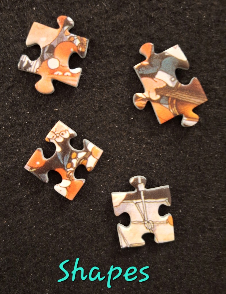 Four scattered puzzle pieces, featuring colorful nature illustrations with oranges and blues.