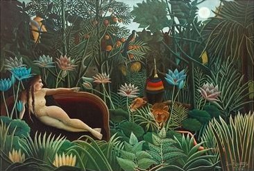 A woman reclines on a divan in a lush, surreal jungle filled with exotic plants, flowers, and animals under a pale moon.