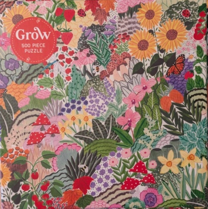 A lush, colorful botanical illustration featuring sunflowers, wild berries, mushrooms, and butterflies.