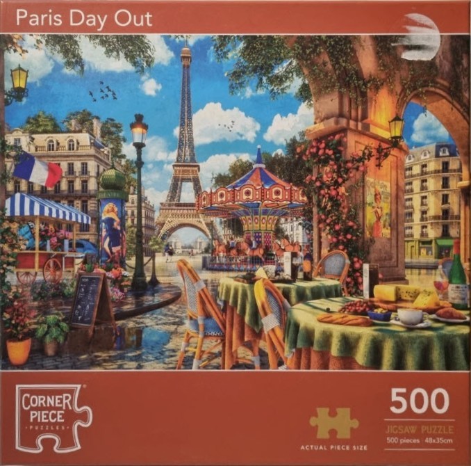 Illustration of a Parisian street scene with a carousel and the Eiffel Tower in the background.