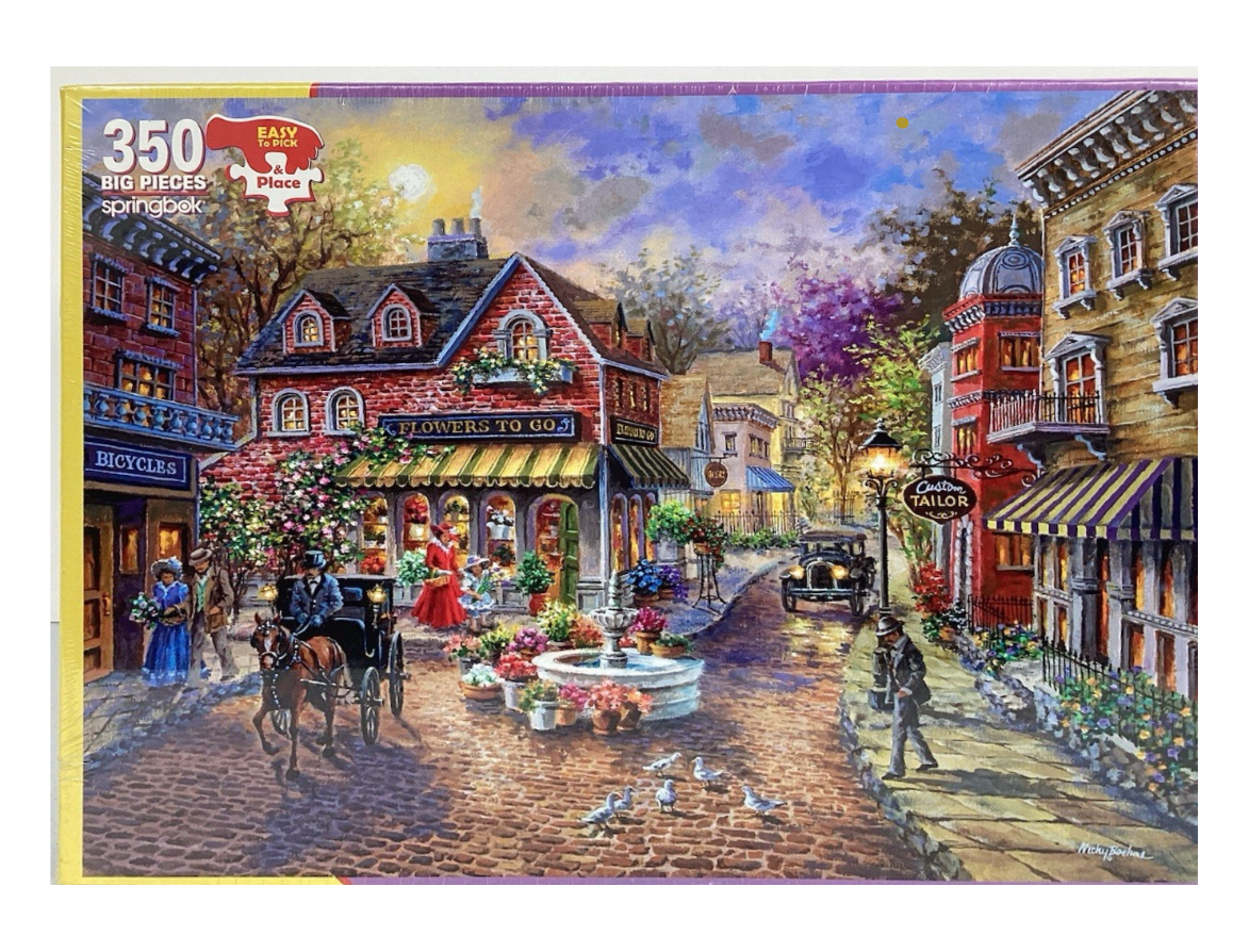 A nostalgic street scene featuring a flower shop, horse-drawn carriage, and brick buildings at twilight.