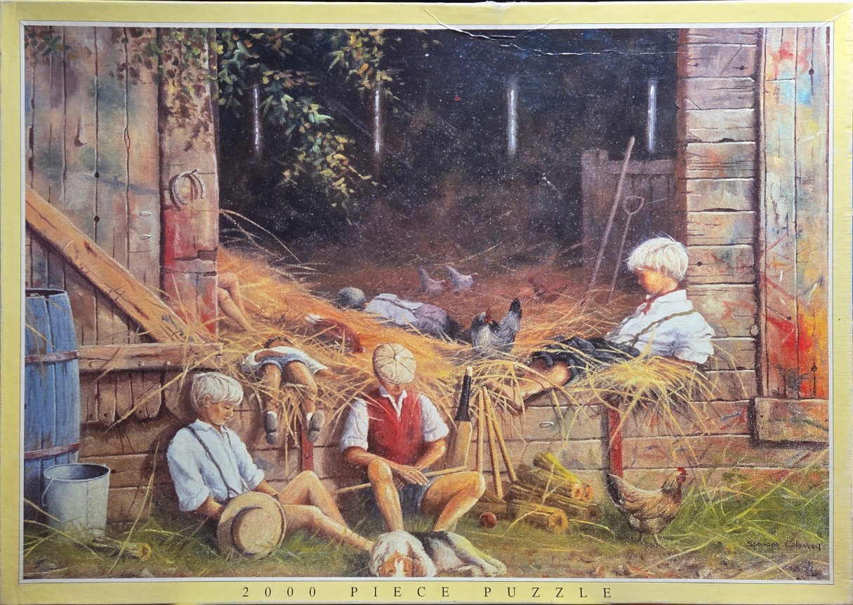 Painting of three children playing in and around a rustic wooden barn with chickens and a dog.