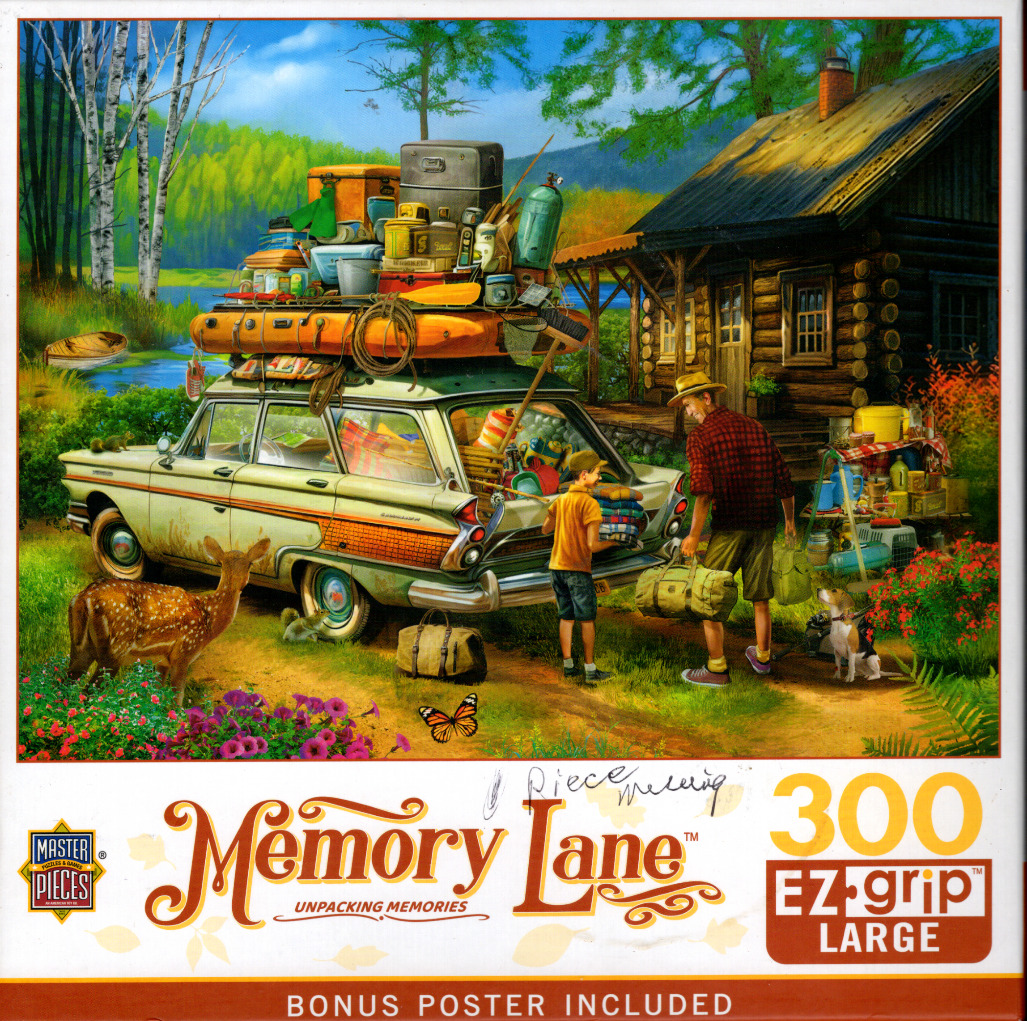 Illustration of a father and son unloading a vintage station wagon at a rustic lakeside cabin in the woods.