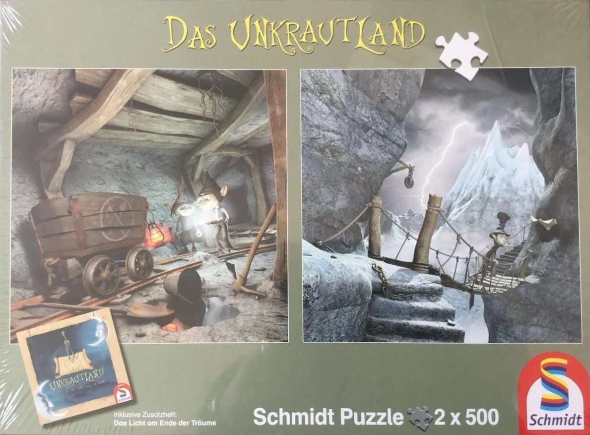 Two split-screen scenes featuring fantasy gnome characters in a mine and on a stormy mountain bridge.