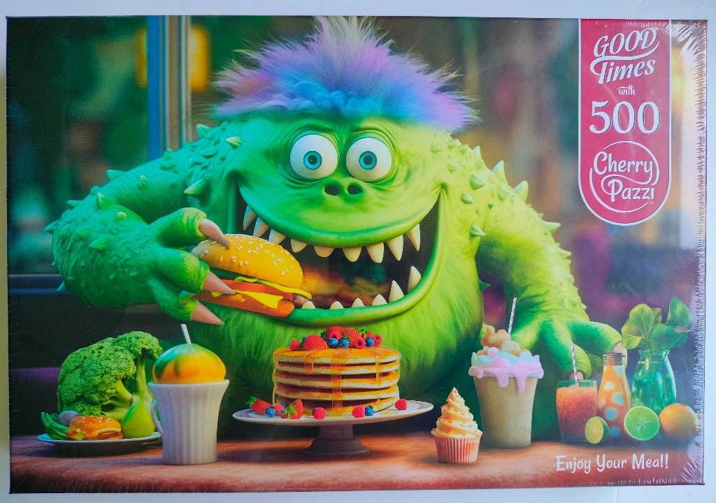 A green monster eating a burger behind a table full of pancakes and treats.