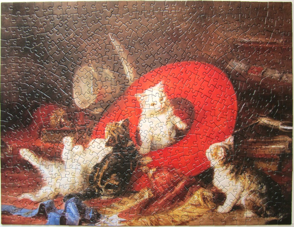 A classical oil painting showing three kittens playing with a large, bright red yarn ball.