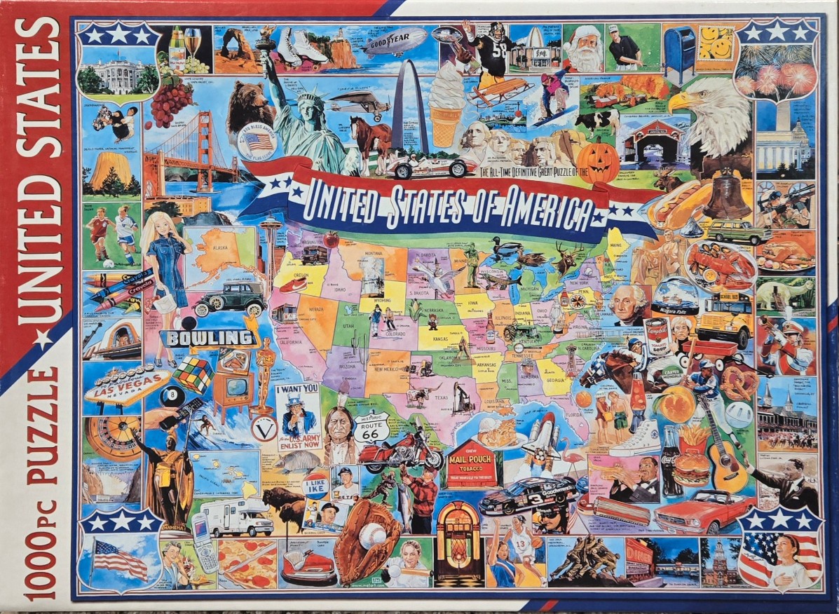 A collage-style map of the United States of America featuring various cultural icons, landmarks, and symbols.