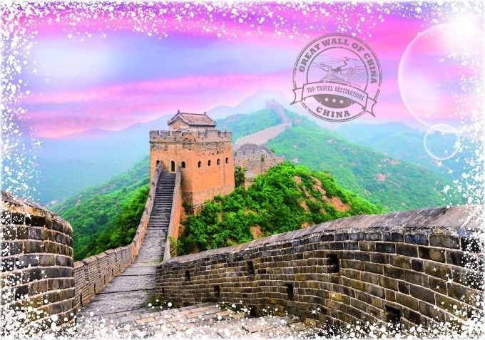 A vibrant view of the Great Wall of China winding through green mountains under a surreal pink and purple sunset sky.