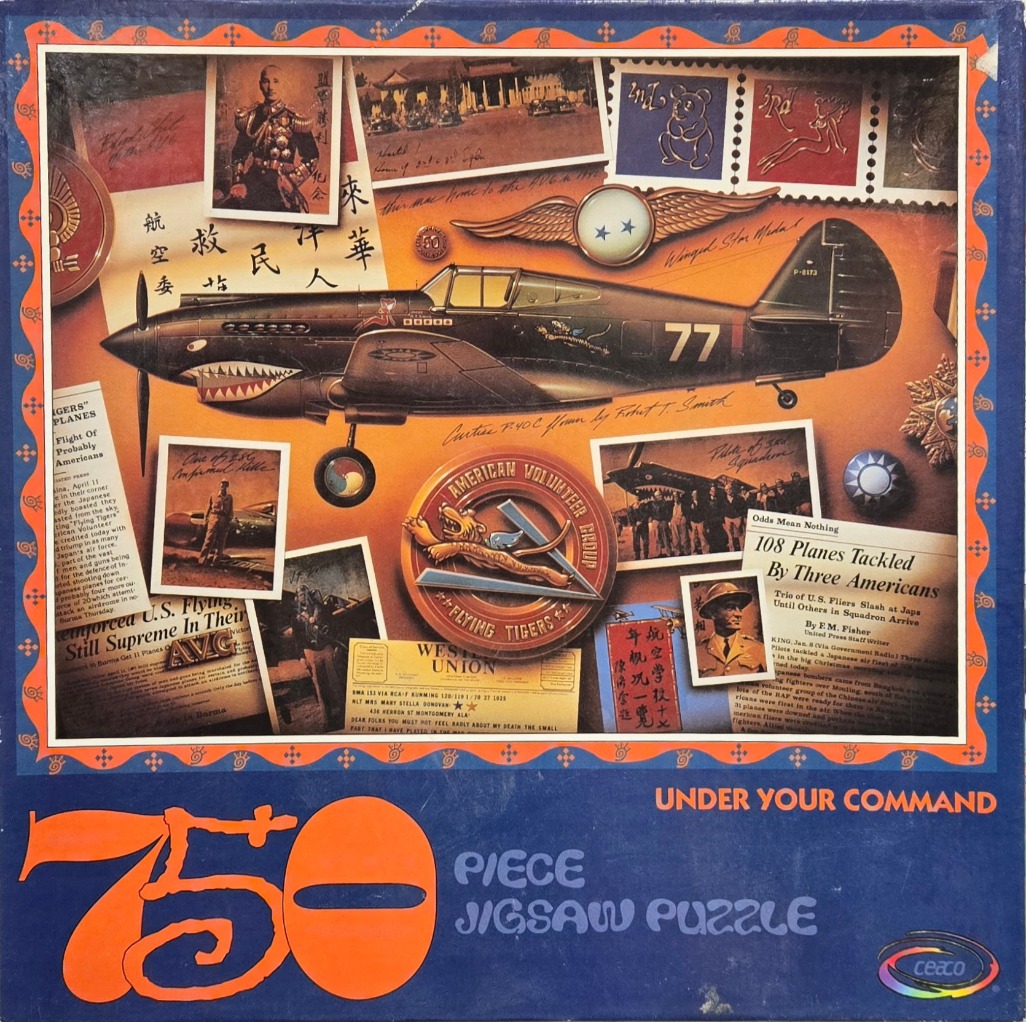 Collage of Curtiss P-40C fighter plane, Flying Tigers memorabilia, and historical documents.