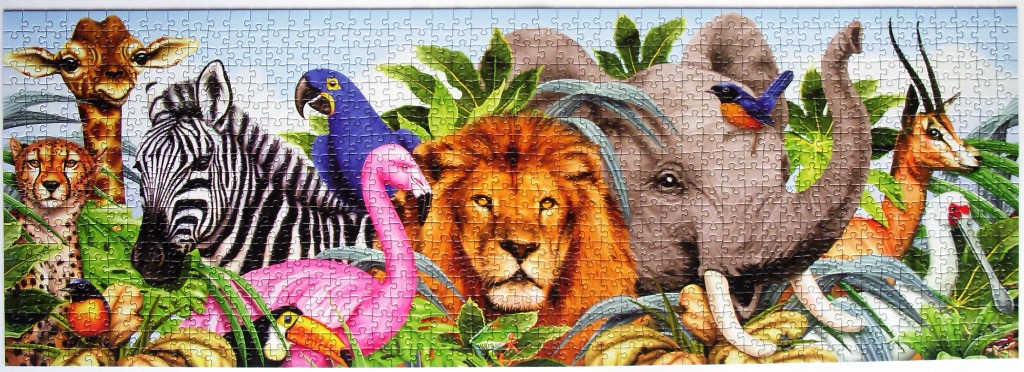 A panoramic illustration of diverse African animals gathered together in lush greenery.