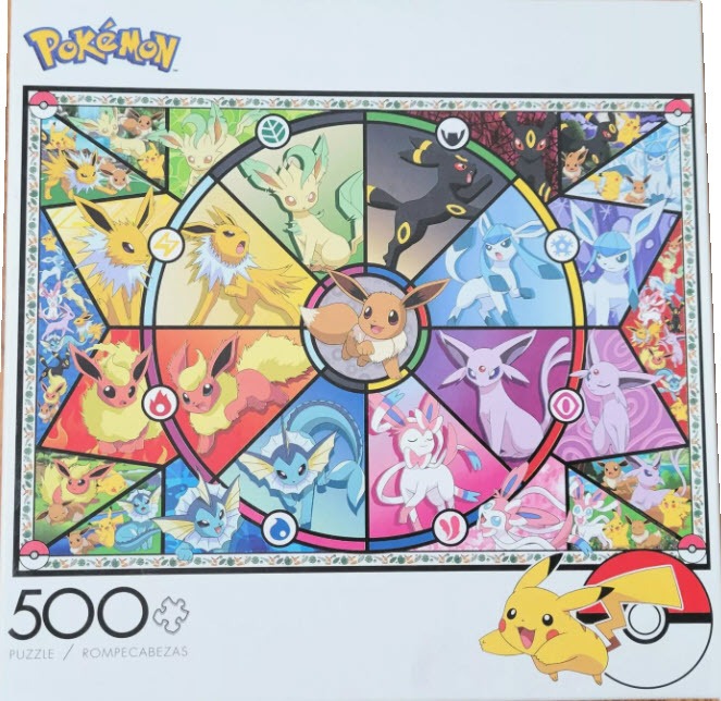 Stained glass style illustration featuring Eevee and its various evolutions in a circular segmented frame.