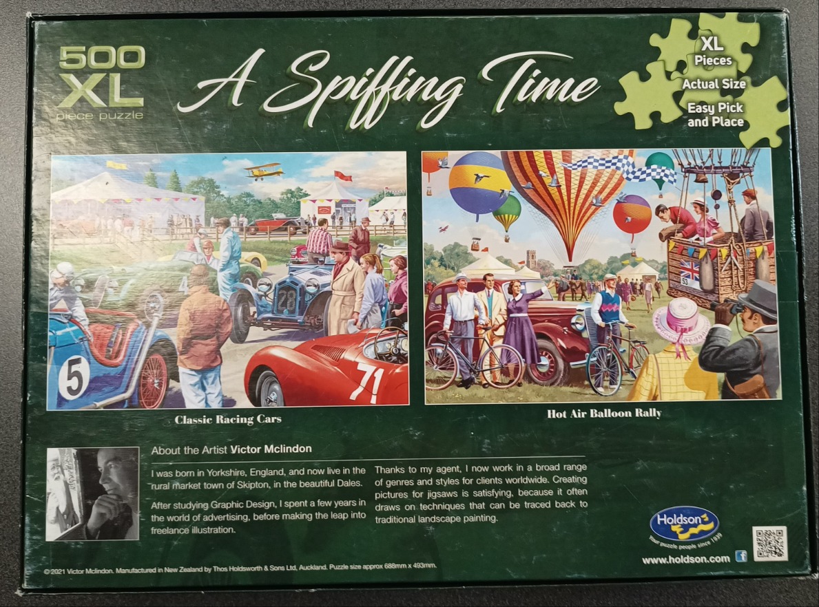 An illustration featuring two scenes: classic racing cars on the left and a hot air balloon rally on the right.